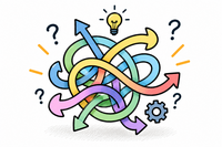 Illustration of tangled, multicolored arrows pointing in different directions, with question marks and a lightbulb.