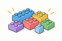Illustration of five colorful LEGO-style bricks of different sizes.