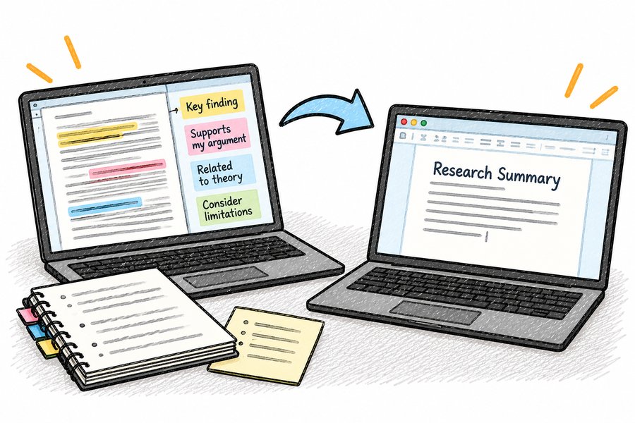 Illustration of a laptop screen with highlighted lines labeled Key finding, Supports my argument, Related to theory, and Consider limitations, with an arrow pointing to a second laptop screen showing a document titled Research Summary.